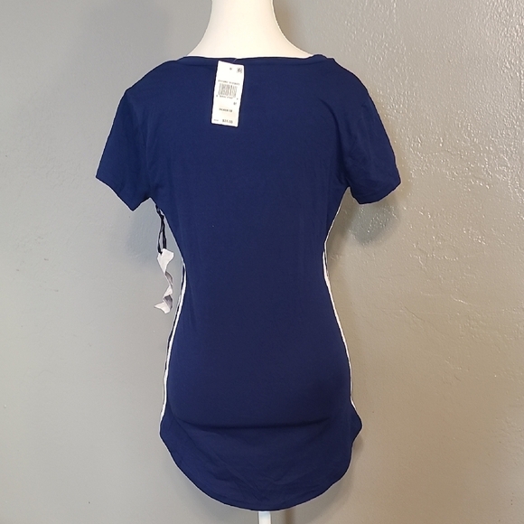 Crave Fame Navy Blue V-Neck Juniors Women's Sneaker Tee Medium NWT White Stripes - Picture 2 of 8